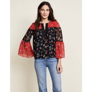 Rebecca Minkoff Black Red Luca Bell Sleeve Top Size S